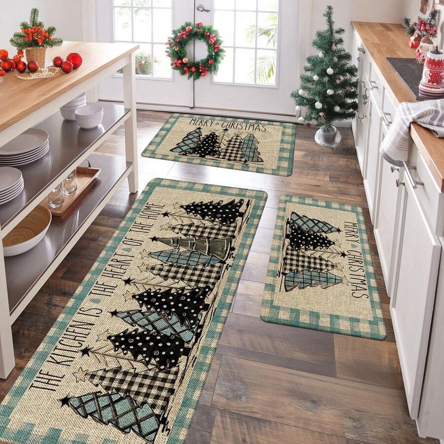 1/2/3pcs Buffalo Plaid Christmas Tree "Merry Christmas" Kitchen Mat Set, Subtle Winter Home Decor Kitchen Carpet - Multicolor - View 1