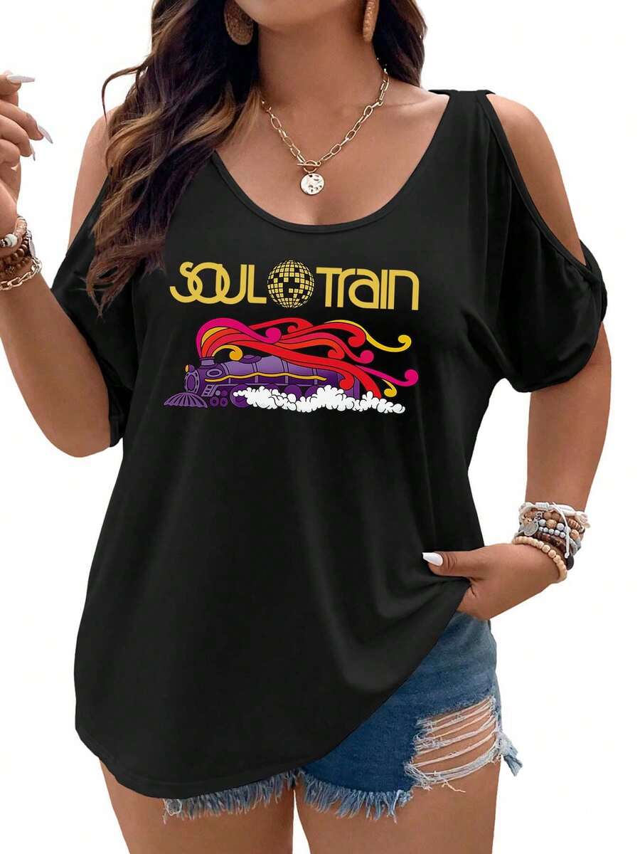 Disco Ball Train A Fusion Of Music And Motion Women Cold Shoulder Tops Summer Short Sleeve Shirt Plus Size - màu đen - Xem 1