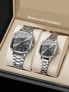 2pcs/Set Fashionable Couple Minimalist Dial Calendar Quartz Wrist Watches, Classic Stylish - Silver - View 11
