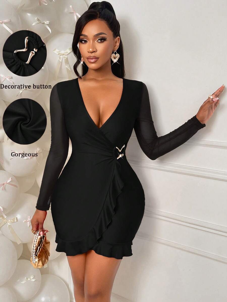 AIJ Vestito estivo da donna Amarilo, scollo a V profondo, decorazione metallica, orlo con volant, aderente, colore verde menta