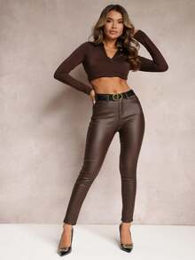 Imitation Leather Skinny Pants - Brown - View 1