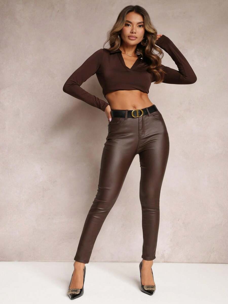 Imitation Leather Skinny Pants - Brown - View 1