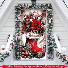 Bandera plana de puerta 2D, 1 pieza, decoración navideña, bandera de puerta con calcetín de caramelo, tela de poliéster duradera, con diseños de copos de nieve, bastones de caramelo y acebo, adecuada para la puerta principal, el porche, decoraciones navideñas interiores y exteriores, adecuada para Navidad, Año Nuevo, decoraciones de puerta de fiesta, colgantes de puerta, cortinas de puerta