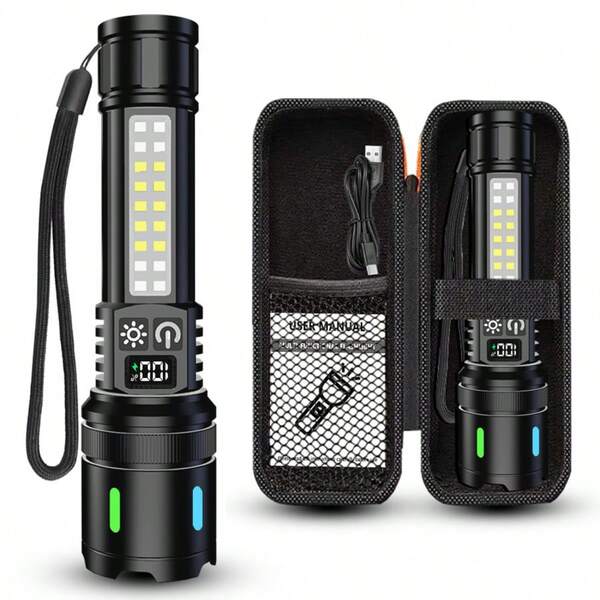1pc Rechargeable LED Flashlight, 7 Modes Adjustable Zoom, Suitable For Home, Outdoor, Camping, Hiking, Cycling, Portable Design, Great Gift For Christmas, Easter, Carnival, Halloween