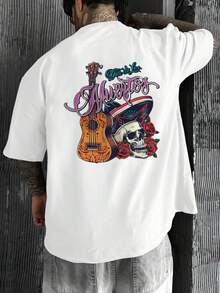 ¡Envío desde México, Playera algodón deportiva casual de hombre,  estampado de Calavera y guitarra del Día de los Muertos , manga corta de corte holgado, bicolor blanco y negro, top casual transpirable de moda, ropa casual Camiseta divertida Moda de verano. - Blanco (parte posterior) - Ver 2