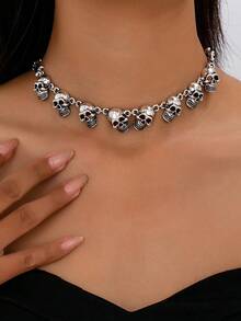 1pc Gothic Style Exaggerated Multiple Skull Connected Choker Necklace, Unique Skull Chain Necklace, Halloween Gift Accessory, Charm & Quirky Personalized Necklace - Màu Bạc Cổ - Xem 1