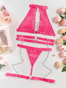 Halter Heart Ring Cutout Chain Floral Lace Sheer Garter Belt Lingerie Set 3 Piece - neon pink - 查看 6