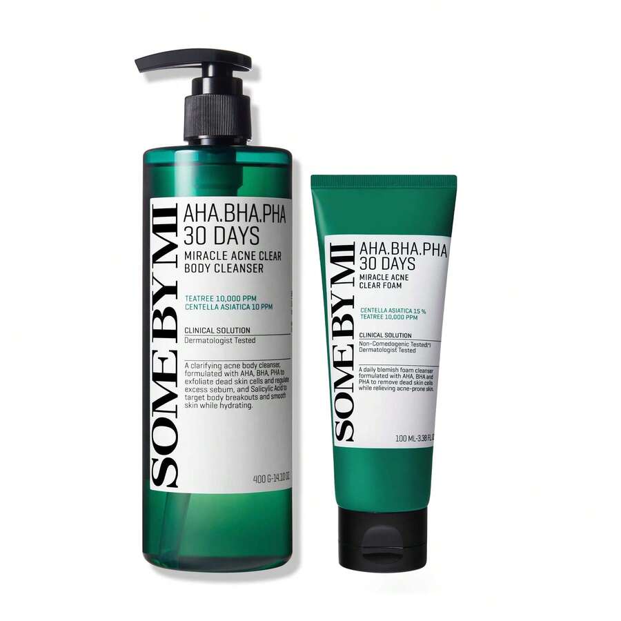 30 Days Miracle Set: AHA BHA PHA Clear Body Cleanser (400ml) + Clear Foam (100ml) – Korean Skin Care With Salicylic Acid & Tea Tree, Daily Deep Cleansing, Creates Smooth Skin - 綠色 - 查看 1