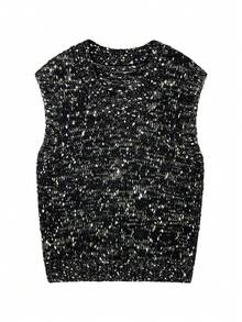 Colete feminino de malha brilhante com decote em V, adequado para encontros noturnos, outono/inverno