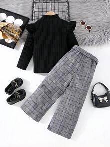 Bộ 3 áo cổ lọ tay dài họa tiết kẻ caro viền bèo màu trơn cho bé gái, mùa thu/đông - màu đen - Xem 3