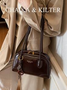 CHAIKA & KILTER 1 件纯色亮面 PU 面料单肩包，女士时尚大容量保龄球包，双手柄设计带拉链开合，适合日常和户外使用（与吊坠一起出售） - 咖啡 - 查看 8