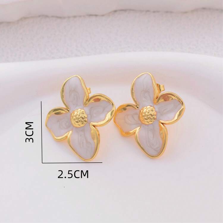 1 对时尚优雅的电镀不锈钢花卉金耳环 - 彩色 - 查看 14