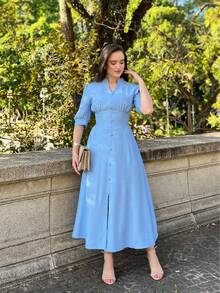MARRANT PLAIN MIDI DRESS Simple Button Contrasted Waist WOMEN'S SUMMER FASHION - Baby Blue - View 2