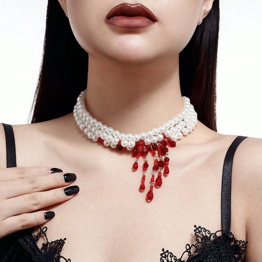 1pc Halloween Necklace Halloween Horror Blood Necklace Multi-Layer Faux Pearl Red Crystal Tassel Necklace Fashion Dark Sweet Cool Style