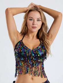 1pc Handmade Sequin Fringe Belly Dance Costume Set, Including Sequin Skirt, Suitable For Carnival, Singer Performance, Nightclub, Festival Party, Beach, Bohemian Retro Style And Other Occasions - Multicolor - View 14