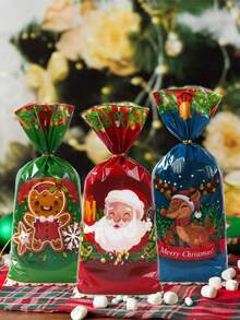 100pcs Christmas Gift Bags With Gold Jute Rope, Patterns Include Santa Claus, Snowman, Reindeer, Gingerbread Man, Plastic Material, Suitable For Christmas Party Gift Packaging, Christmas Decoration, Christmas Small Gift Bags, Christmas Candy Bags, Christmas Eve Gift Packaging, Winter Decoration, Christmas Room Decoration, Christmas Home Decor, 2026 New Year Decoration, Christmas Decoration, Party Favors. - Christmas Mix - View 2