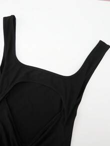 Plus Size Jumpsuit, Comfortable & Fashionable Sexy Casual Outdoor Sports Backless Jumpsuit, Suitable For Graduation, Back To School Season, Hollow Out Ruched Knit Camisole Jumpsuit - Black - View 9