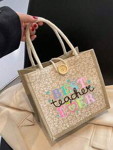 1 pezzo "Miglior insegnante" Borsa a tracolla in lino con stampa floreale, borsa riutilizzabile con stampa per donne, borsa a doppia maniglia per libri e shopping, borsa a spalla di grande capacità, borsa casual, borsa per il Natale, adatta per pendolarismo, scuola, shopping, attività all'aperto, regalo per amici, fidanzata, festa dell'insegnante, vacanze e festività - Cachi - Visualizzare 9