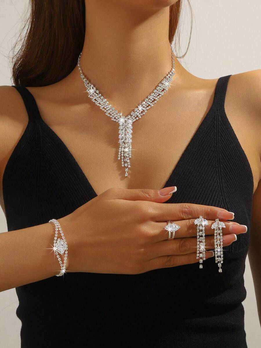 5pcs Luxury Zirconia Leaf Tassel Design Necklace, Earrings, Bracelet, Ring Jewelry Set, Elegant Fashion Accessories Suitable For Wedding, Party, Daily Commute
