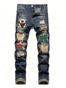 Tween 男童字母与熊破洞牛仔裤 - 中等水洗藍 - 查看 1