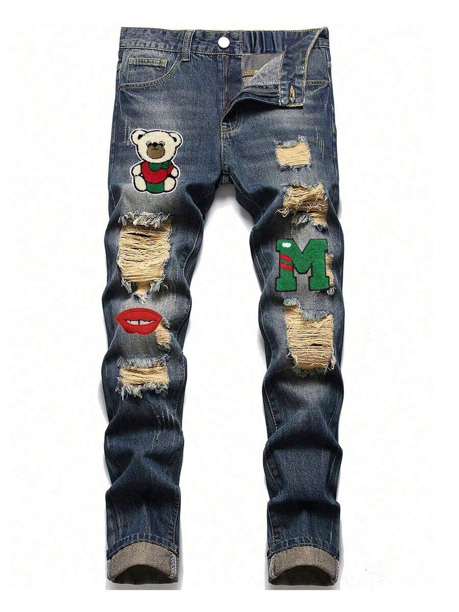 Tween 男童字母与熊破洞牛仔裤 - 中等水洗藍 - 查看 1