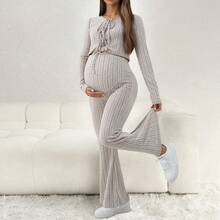 Ribbed Solid Color Bow Blouse & Flare Pants Maternity Set - Apricot - View 9