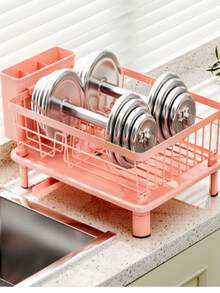 1pc Pink Dish Drying Rack For Kitchen Counter,Rustproof Countertop Dish Drainer With Utensil Holder For Sink,Kitchen Organizer For Dishes, Spoons And Forks