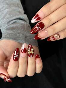 10 件红色杏仁手工按压指甲，中长，手绘红色爱心，3D 樱桃和蝴蝶结装饰，手工假指甲，红色法式指尖配金色小钢球，适合女孩和女士秋冬日常、派对、新年、圣诞节指甲装饰 - 紅色 - 查看 6