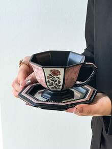 1pc European Elegant Ceramic Coffee Cup & Saucer Set, Vintage Chic Pink & Black Floral/Light Blue Floral Octagonal Mug, Embossed Design Coffee Cup, Suitable For Weekend/Afternoon Tea, Gathering With Friends, Tea & Coffee Drinking, Gift