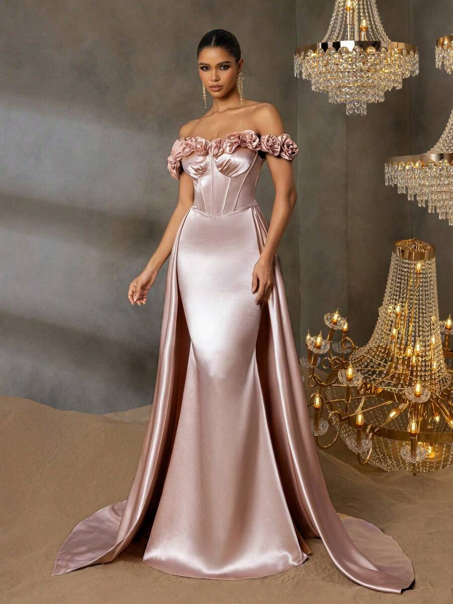 Faeriesty 这款优雅的女士露肩晚礼服采用花卉装饰的肩带、高开衩设计和修身的鱼尾裙摆，适合出席黑领结晚宴、红毯活动、婚礼、歌剧之夜和正式慈善舞会。 - 香檳色 - 查看 1