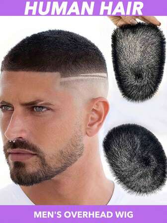 1 件男士真人发短平头假发 - 13x18cm/15x20 厘米 自然黑，透明 PU，隐形假发，适合稀疏头发，直发假发，适合所有男士，脱发解决方案 | 自然外观假发 | 柔性 PU 材料