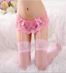 HOTSO Women Lace Garter Belt And Stockings Set Sexy Suspenders With G-String Panty Satin Bow Mini Skirt Hosiery Mesh Lingerie - ColorB - 查看 3
