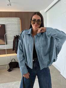 女士常规款仿麂皮长袖单排扣宽松休闲外套，适合春季穿着；女士口袋金属纽扣短款军绿色外套，适合春秋季穿着。 - 藍色 - 查看 7