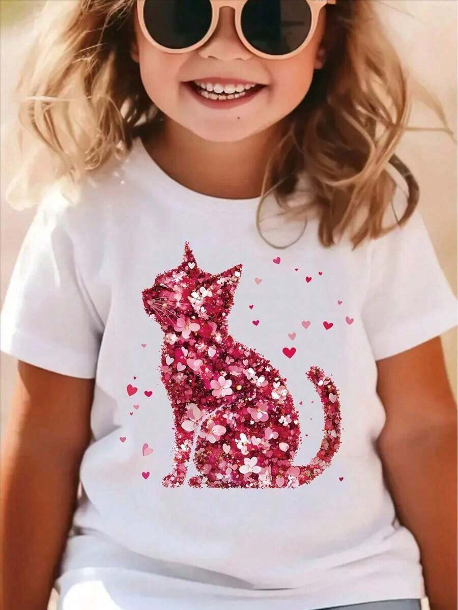 Sparkly Pink Cat & Floral Sequin Girls' T-Shirt - Cute Round Neck Short Sleeve Top, Soft Fabric, Perfect For Summer Outings & Casual Wear, Girls Shirts - 黑色 - 查看 1