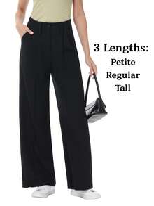 Women's Petite/Regular/Tall 3 Lengths Wrinkle-Free Flowy Office Dress Pants Slacks Breathable Workout Casual Wide Leg Stretchy High Waist Business Trousers - 黑色 - 查看 10