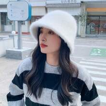 1pc Autumn/Winter Korean Fashion Warm Faux Rabbit Fur Adjustable Bucket Hat, Versatile & Warm, Fits Large Head Circumference, White Fluffy Plush Bucket Hat Winter Warm - White - View 7