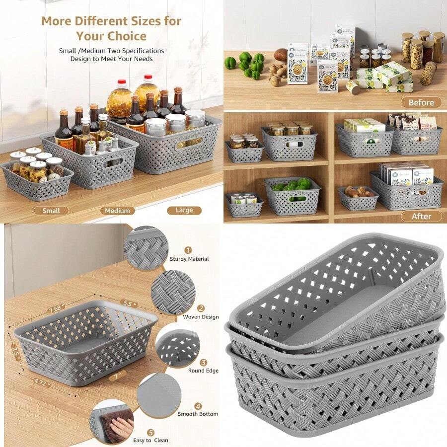 Fast Logistics MaxGear Organization And Storage 3 Packs Plastic Bins Organizer Bins Woven Baskets For Storage Plastic Baskets With Handles Grey Basket For Organizing Basket Organizer For Home And Office SmallFast Logistics
