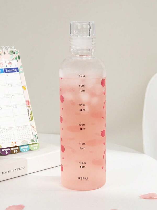 1PC Printed Mug With Time Scale, Bow, Heart, Cherry Printed Transparent Plastic Mug, Creative Portable Water Bottle, Large Capacity Water Bottle - Stylish Sports Bottle, Easy Leak-Proof Water Bottle, Juice Mug, Ideal Gift Giver