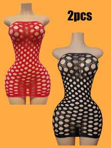 2 件套性感内衣，加大码性感睡衣裙，女士镂空露肩高弹力渔网筒裙 - 黑色+紅色 - 查看 5