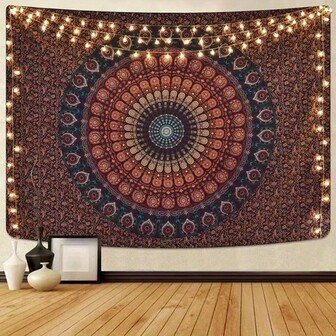1pc Bohemian Mandala Tapestry, Peach Beige Fabric With Vibrant Red, Blue, Orange, Purple & Gold Horizontal Home Decor, Suitable For Bedroom, Living Room, Office, Adorable Room Decoration, Inspirational Space Theme