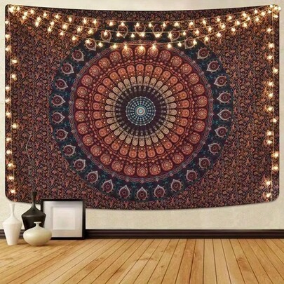 1pc Bohemian Mandala Tapestry, Peach Beige Fabric With Vibrant Red, Blue, Orange, Purple & Gold Horizontal Home Decor, Suitable For Bedroom, Living Room, Office, Adorable Room Decoration, Inspirational Space Theme
