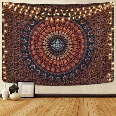 1pc Bohemian Mandala Tapestry, Peach Beige Fabric With Vibrant Red, Blue, Orange, Purple & Gold Horizontal Home Decor, Suitable For Bedroom, Living Room, Office, Adorable Room Decoration, Inspirational Space Theme