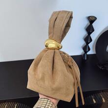 low tea 1pc Solid Color Suede Fabric Handbag For Women, Personalized Mini Cloud Pleated Bag With Metal Decor Zipper Closure, Suitable For Daily And Outing Use - Khaki - View 9
