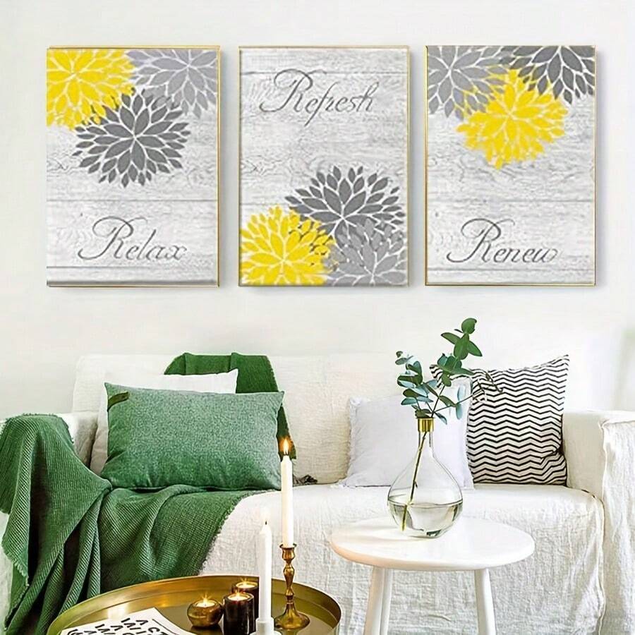 3 piezas Cuadros de pared de arte de baño amarillo y gris, impresiones de pintura de flores de dalia, decoración de letreros de relajarse, refrescarse y renovar sin marco