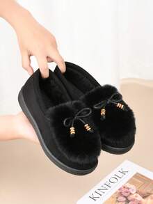 New Women Fashion Personalized Fluffy Warm Minimalist Solid Color Indoor Outdoor Travel Vacation Home Slippers, Thick Plush Slip-On Cozy Soft Bottom Casual Outdoor Wear Shoes For Winter - Black - View 10