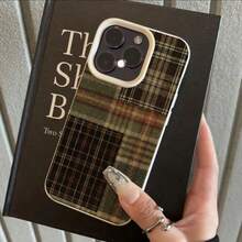 1pc TPU Material Retro Artistic Brown-Green Plaid Pattern Phone Case Compatible With IPhone/, Autumn/Winter