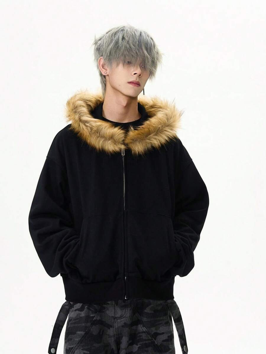 Advanced American Retro Fur Collar Zipper Cardigan Hooded Sweatshirt Men's And Women's Short Clean Fit Solid Color Jacket - 黑色 - 查看 1