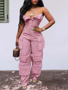 Sweet And Cool Fashion Women's Y2K Style Workwear Jumpsuit, Denim Jumpsuit, Denim Workwear, Mid Waist Non Elastic, Waist Cinching And Hip Lifting, Loose And Slimming, Suitable For All Seasons, Paired With Multi Pocket Design,  And Cool, Suitable For Back To School Season, Hot Girls, Work, Outdoor Work, Outdoor Activities, Travel, Streets, Nightclubs, Parties, Fashion Shows - 粉色 - 查看 8