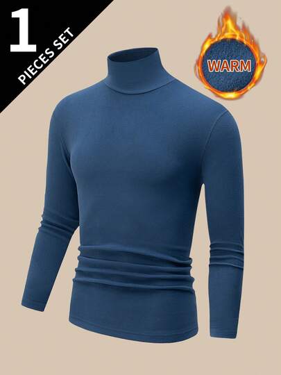 Double-Sided Fleece High Collar Long Sleeve T-Shirt For Men, Autumn/Winter Reversible Turtleneck Thick Warm Casual Undershirt Pullover T-Shirt