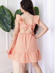 Girls' And Teen Girls' Strappy Dress With Checkered Print, Crepe Fabric, For June And July Festivals, With Ruffled Sleeves, Spring/Summer Style (Vinf430) - 橘色 - 查看 3